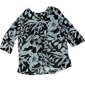 Jones Wear Sheer Chiffon Blouse sz 8 Black White & Yellow Floral Print V Neck